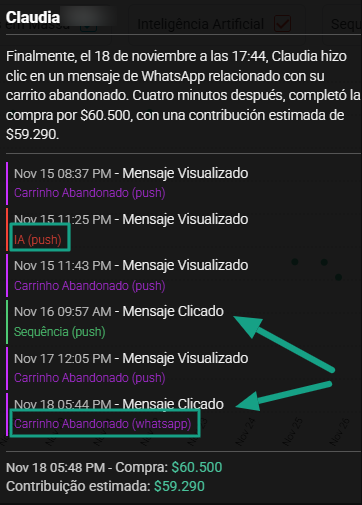 Detalhes das ações realizadas para cada venda.